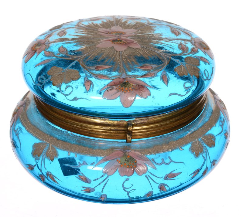 3.5" X 6" BLUE ART GLASS ROUND HINGED JEWEL BOX (1 of 2)