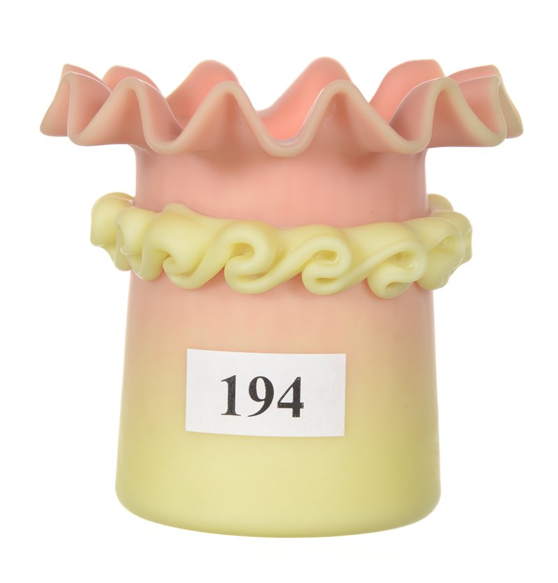 2.75" BURMESE TOOTHPICK HOLDER: 2.75" BURMESE TOOTHPICK HOLDER RUFFLED WITH APPLIED RIGOREE BAND AROUND BODY - STRONG COLOR