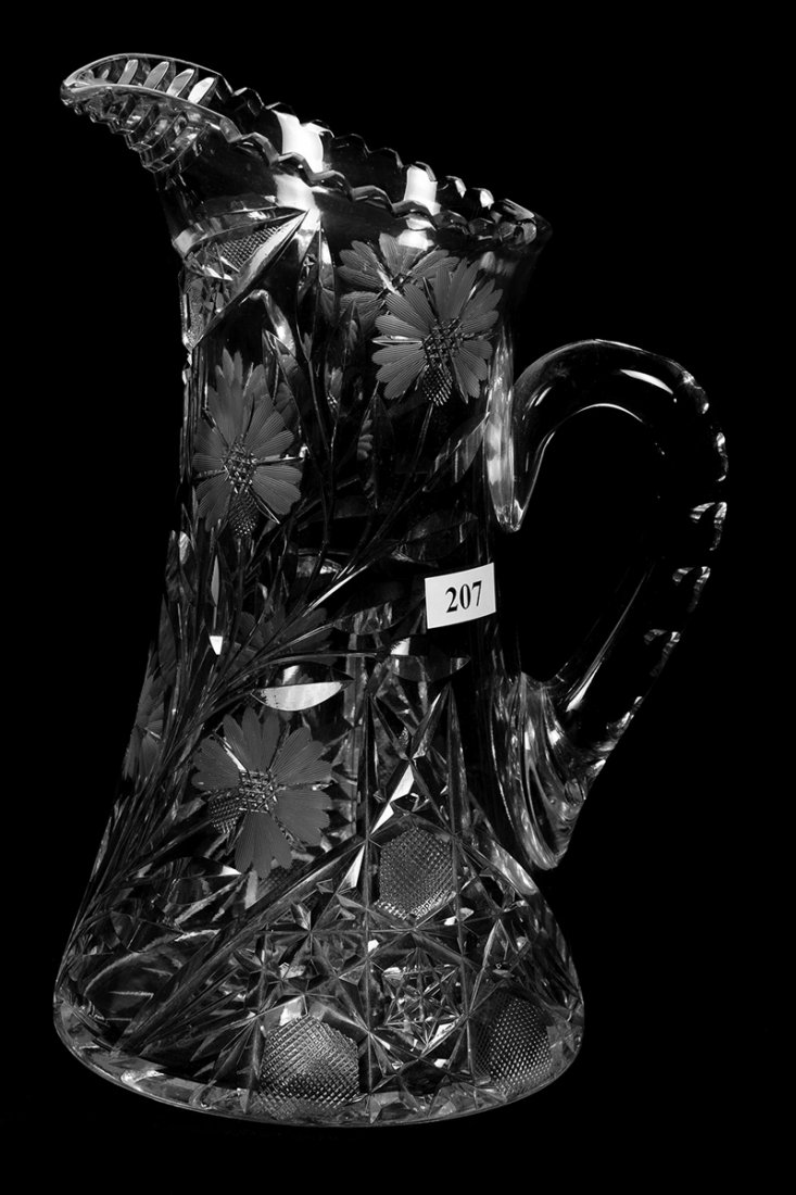 10" AMERICAN BRILLIANT CUT GLASS PITCHER: 10" AMERICAN BRILLIANT CUT GLASS PITCHER HARVARD AND DAISY MOTIF