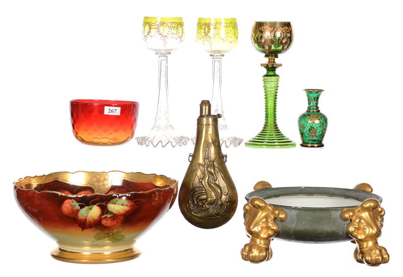 (8) ASSORTED ITEMS INCLUDING: (8) ASSORTED ITEMS INCLUDING (3) 8" RHINE WINE GLASSES - (1) 4.5" AMBERINA FINGER BOWL - (1) GREEN AUSTRIAN ART GLASS VASE - (1) LIMOGES BOWL WITH RIM CHIP - (1) LIMOGES PLANTER BASE WITH CLAW FEET - 