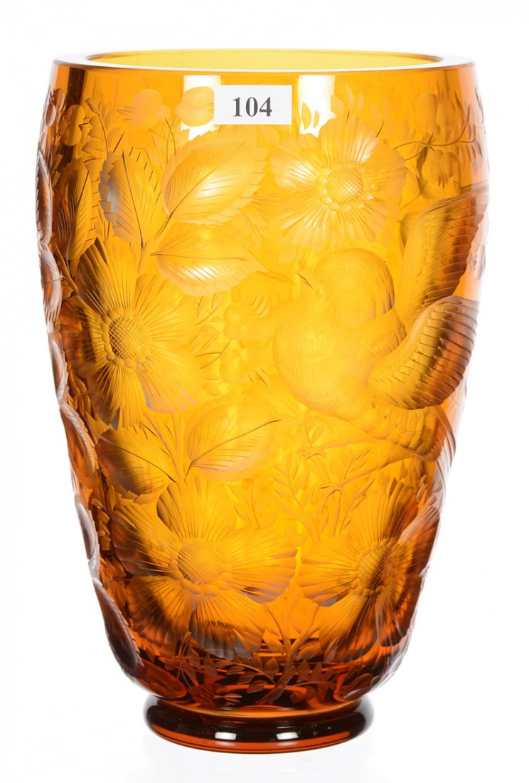 VASE - 9 1/4" X 6" - ENGRAVED BIRD & FLORAL DECOR (1 of 3)