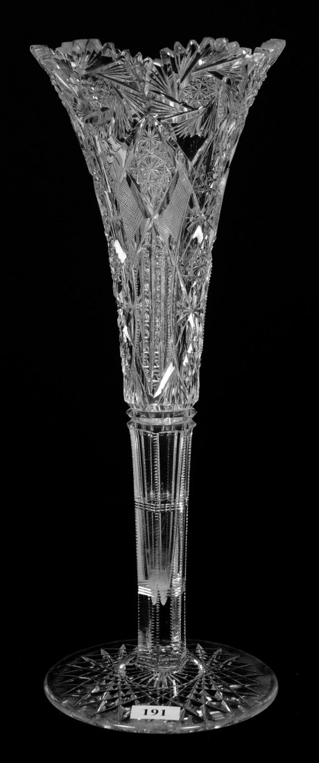 TRUMPET VASE - 13.75" - ABCG: TRUMPET VASE - 13.75" - ABCG - PINWHEEL, HOBSTAR, VESICA, STRAWBERRY DIAMOND, CROSSCUT DIAMOND, PRISM AND FAN MOTIF - LARGE HOBSTAR FOOT - THREE TEETH HAVE CHIPS