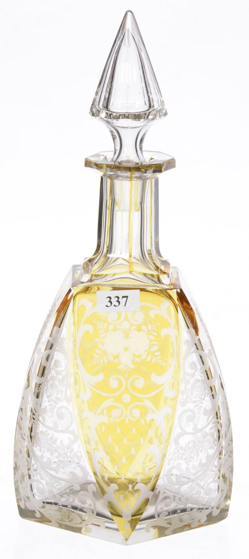 DECANTER - 12.25" - EUROPEAN STYLE YELLOW CUT TO CLEAR (1 of 3)