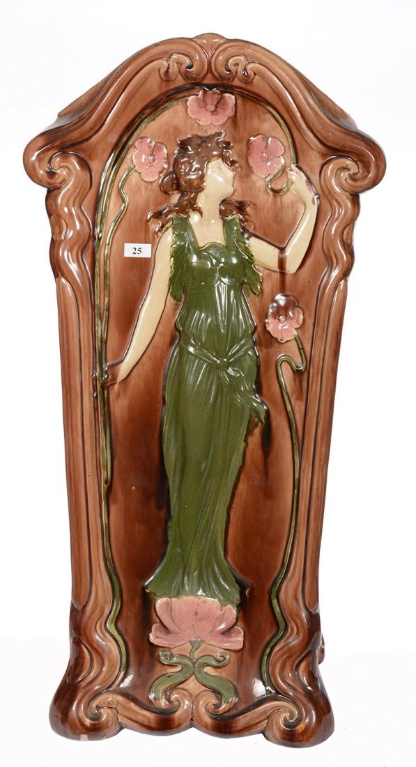 RARE 26.75" X 13.5" ROSEVILLE MAJOLICA UMBRELLA STAND: EXTREMELY RARE 26.75" X 13.5" ROSEVILLE MAJOLICA ART NOUVEAU UMBRELLA STAND - BROWN WITH EMBOSSED WOMAN AND FLORAL BLOSSOM DECOR - GREEN INTERIOR - ORIGINAL ROSEVILLE PAPER LABEL - DOES HAVE A VERY OL
