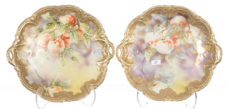 (2) MATCHING 11" MARKED NIPPON TWO HANDLED CAKE PLATES: (2) MATCHING 11" MARKED NIPPON TWO HANDLED CAKE PLATES - APPLE BRANCH DECOR WITH YELLOW AND TIFFANY IRIDESCENT BACKGROUND - GOLD HIGHLIGHTS