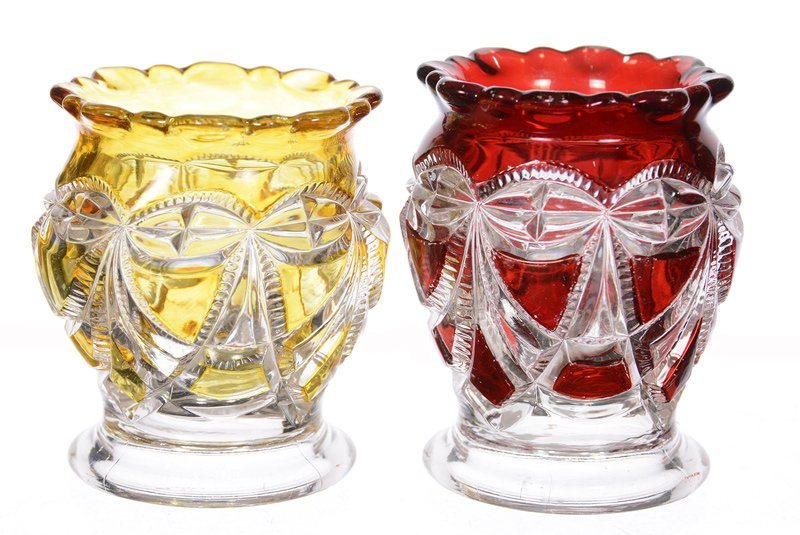 (2) ART GLASS VICTORIA PATTERN TOOTHPICK HOLDERS: (2) ART GLASS VICTORIA PATTERN TOOTHPICK HOLDERS - (1) YELLOW TO CLEAR - (1) RUBY TO CLEAR