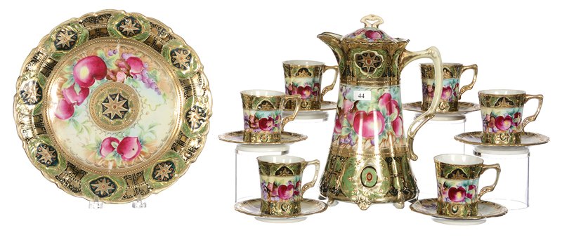 MARKED NIPPON CHOCOLATE SET & MATCHING PLATE: 10.5" MARKED NIPPON CHOCOLATE SET & 10.25" MATCHING PLATE - FRUIT DECOR WITH GREEN AND DARK GREEN BORDER - EXTENSIVE GOLD TRIM HIGHLIGHTS - (6) MATCHING CUPS AND SAUCERS - VERY NICE
