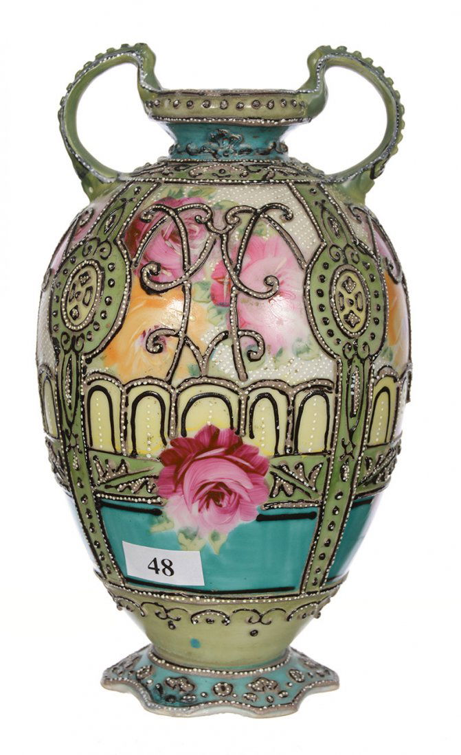 8" MARKED NIPPON TWO HANDLED VASE: 8" MARKED NIPPON TWO HANDLED VASE - ROSE DECOR WITH GREEN TRIM AND EXTENSIVE MORIAGA OVERLAY - SOME TAPESTRY HIGHLIGHTS