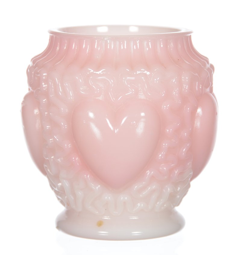ART GLASS TOOTHPICK HOLDER: ART GLASS TOOTHPICK HOLDER - PINK OPAQUE DIPRICH HEART PATTERN