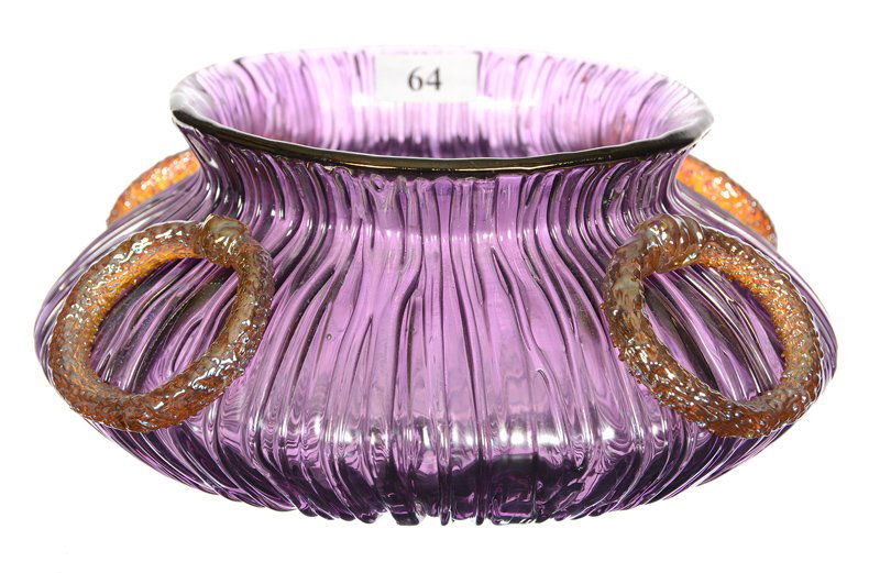 3" X 7.5" UNMARKED LOETZ ART GLASS VASE: 3" X 7.5" UNMARKED LOETZ ART GLASS VASE - PINK TEXAS EMPIRE PATTERN - FOUR IRIDESCENT APPLIED "GOLD" TEXTURED HOOPS