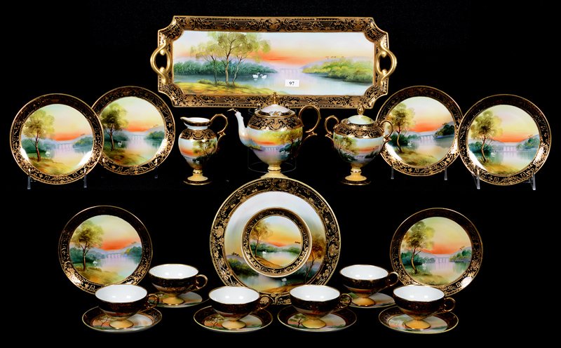 (23) PIECE MARKED NIPPON SET: (23) PIECE MARKED NIPPON SET INCLUDING - 17.5" RECTANGULAR TRAY - PEDESTAL TEAPOT WITH MATCHING CREAMER AND SUGAR (REPAIR ON BACK SIDE) - CHEESE AND CRACKER SERVER - (6) PEDESTAL CUPS - (6) SAUCERS - 