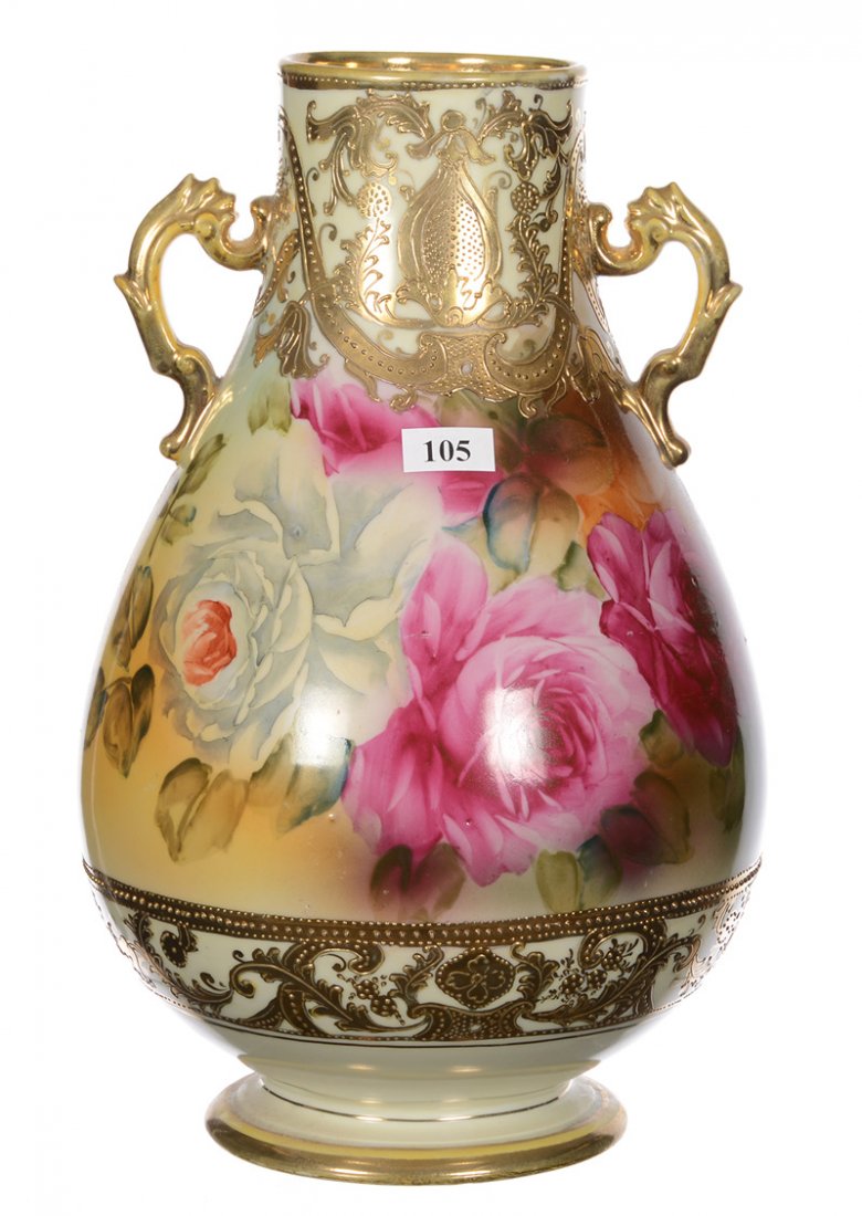 12" UNMARKED NIPPON TWO HANDLED BULBOUS VASE: 12" UNMARKED NIPPON TWO HANDLED BULBOUS VASE - CREAM, YELLOW AND BLUE TONES WITH PINK AND WHITE ROSE DECOR - GOLD STENCIL HIGHLIGHTS