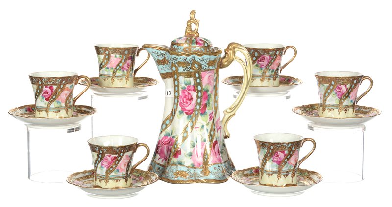 MARKED NIPPON CHOCOLATE SET: 9.5" MARKED NIPPON CHOCOLATE POT AND (6) MATCHING CUPS AND SAUCERS - BLUE AND WHITE WITH STRONG GOLD AND PINK ROSE DECOR