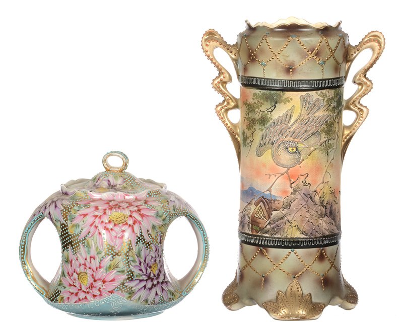 (2) NIPPON STYLE ITEMS: (2) NIPPON STYLE ITEMS INCLUDING - (1) 12" TWO HANDLED VASE WITH MORIAGA BIRD DECOR, INTERIOR REPAIR COVERING OLD HAIRLINE - (1) 7" TWO HANDLED CRACKER JAR, COLORFUL FLORAL DECOR, BLUE TAPESTRY HIGHLI