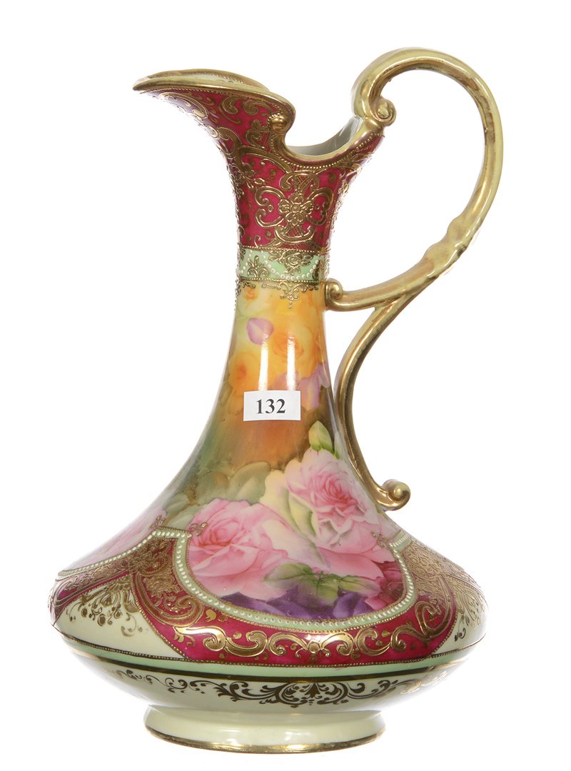 11.75" MARKED NIPPON HANDLED EWER: 11.75" MARKED NIPPON HANDLED EWER - ROSE DECOR WITH HEAVY RED BORDER AND GOLD TRIM HIGHLIGHTS