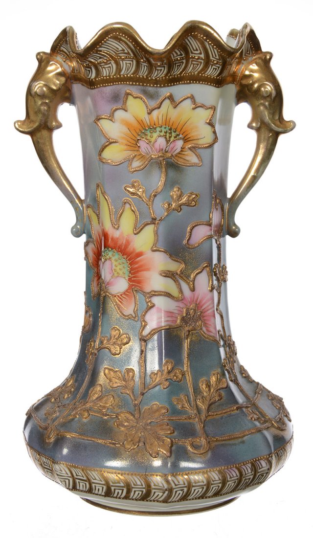 9" MARKED NORITAKE TWO HANDLED VASE: 9" MARKED NORITAKE TWO HANDLED VASE BLUE BACKGROUND WITH STYLIZED POPPY DECOR - FIGURAL ELEPHANT HANDLES