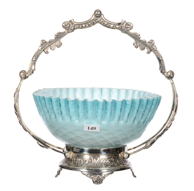 10.5" X 10.5" BRIDES BASKET: 10.5" X 10.5" BRIDES BASKET - BLUE SATIN MOTHER OF PEARL DIAMOND QUILTED BOWL WITH PIE CRUST EDGE - SET ON PAIRPOINT #4715 SILVERPLATE FRAME - NICE FIT