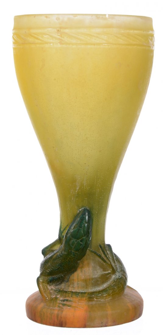 EXTREMELY RARE 8.75" X 4" SIGNED A. WALTER NANCY FRENCH: EXTREMELY RARE 8.75" X 4" SIGNED A. WALTER NANCY FRENCH PATE DE VERRE ART GLASS - FINELY CARVED LIZARD COILED AROUND BASE - GREEN LIZARD IS HIGHLY DETAILED WITH MOTTLED ORANGE BASE - YELLOW VASE BODY 