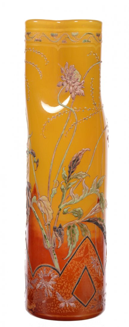 12" SIGNED "CRISTALLERIE DE GALLE NANCY" FRENCH VASE: 12" SIGNED "CRISTALLERIE DE GALLE NANCY" FRENCH ART GLASS CYLINDER VASE - YELLOW AND RED BACKGROUND WITH HEAVY ENAMEL FLORAL DECOR - BEAUTIFUL COLORS - SIGNATURE SHOWN IN BLOUNT'S FRENCH CAMEO GLASS, 