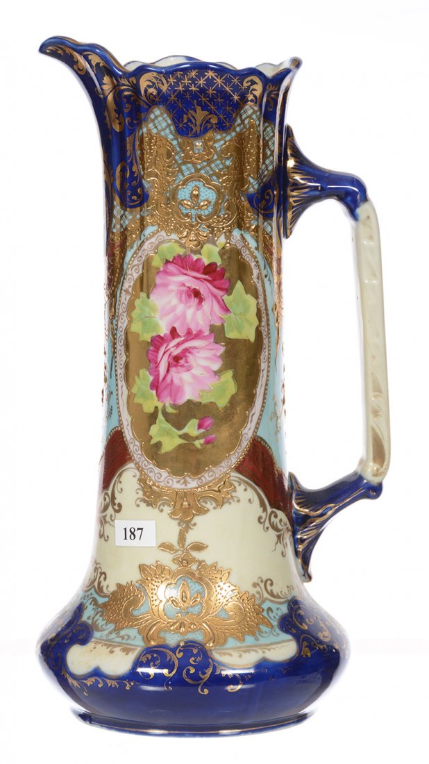 13.5" UNMARKED NIPPON TANKARD: 13.5" UNMARKED NIPPON TANKARD - CREAM, MAROON, LIGHT BLUE AND COBALT BLUE WITH PINK FLORAL DECOR AND HEAVY GOLD HIGHLIGHTS