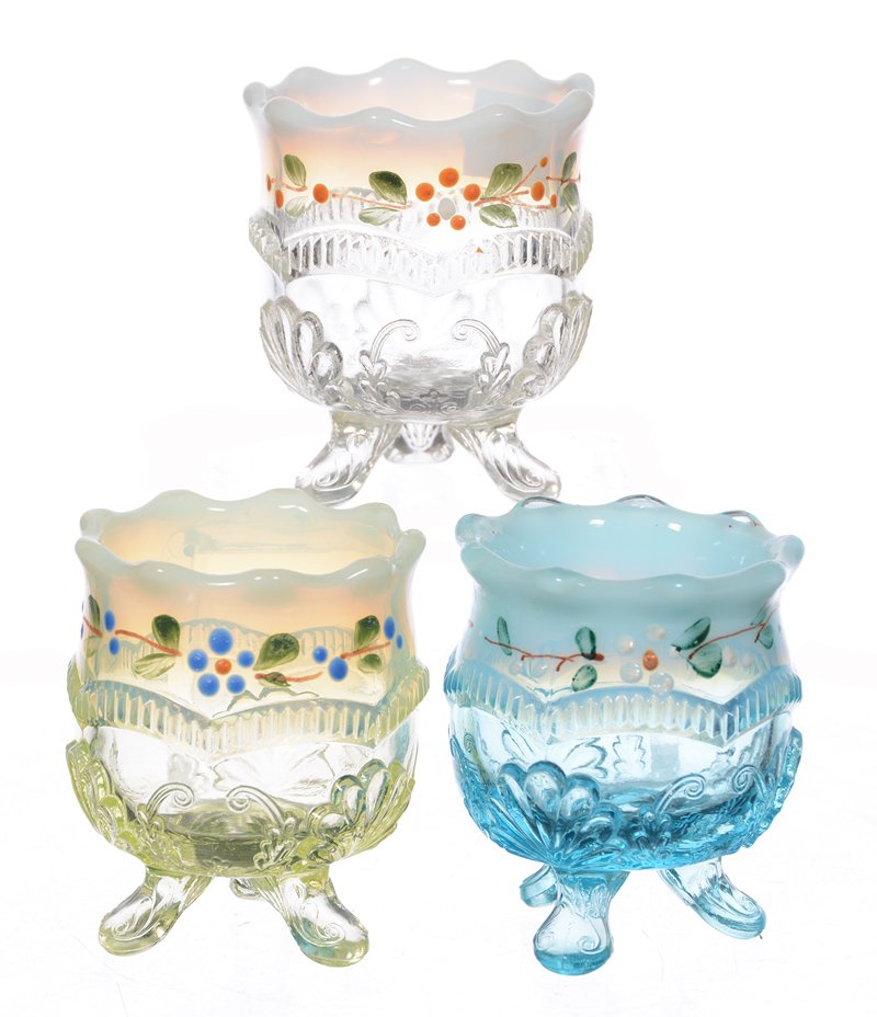 (3) ART GLASS TOOTHPICK HOLDERS: (3) ART GLASS TOOTHPICK HOLDERS - WREATH AND SHELL PATTERN WITH ENAMEL HIGHLIGHTS - (1) VASELINE OPAL - (1) WHITE OPAL - (1) BLUE OPAL