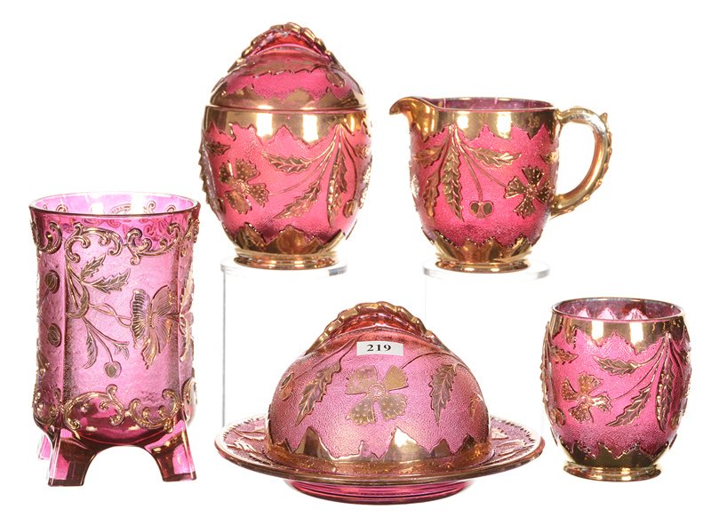 FIVE PIECE DELAWARE PATTERN TABLE SET: FIVE PIECE DELAWARE PATTERN TABLE SET - CRANBERRY WITH HEAVY GOLD TRIM - BUTTERDISH, CREAMER, SUGAR, SPOONER, CELERY VASE