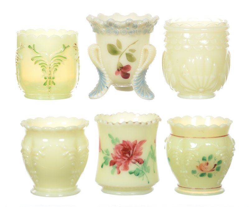 (6) CUSTARD GLASS TOOTHPICK HOLDERS: (6) CUSTARD GLASS TOOTHPICK HOLDERS INCLUDING - (1) WINGED SCROLL MATCH HOLDER - (1) VERMONT PATTERN - (1) WINGED SCROLL WITH ROSE DECOR - (1) WINGED SCROLL - (1) SHELL AND SCALES - (1) ROSE DECOR