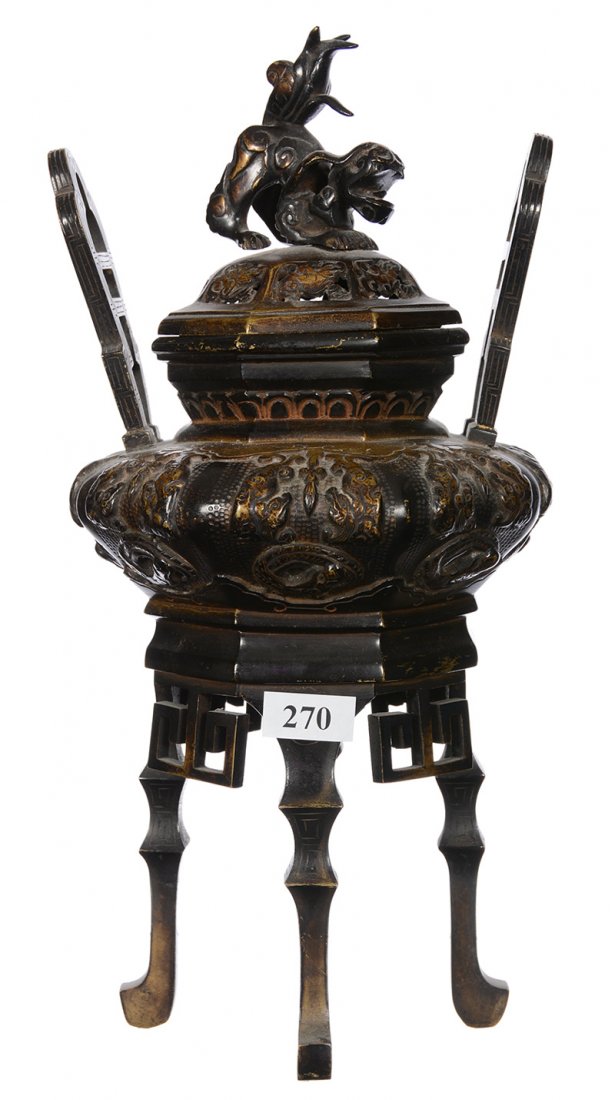 11.5" BRONZE ORIENTAL INCENSE BURNER: 11.5" BRONZE FOOTED TWO-HANDLED COVERED ORIENTAL INCENSE BURNER - DRAGON RELIEF DESIGN WITH FOO DOG FINIAL