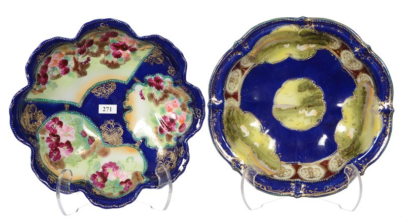 (2) NIPPON BOWLS: (2) NIPPON BOWLS - (1) COBALT BLUE WITH SWAN SCENIC DECOR - (1) COBALT BLUE WITH PINK FLORAL DECOR