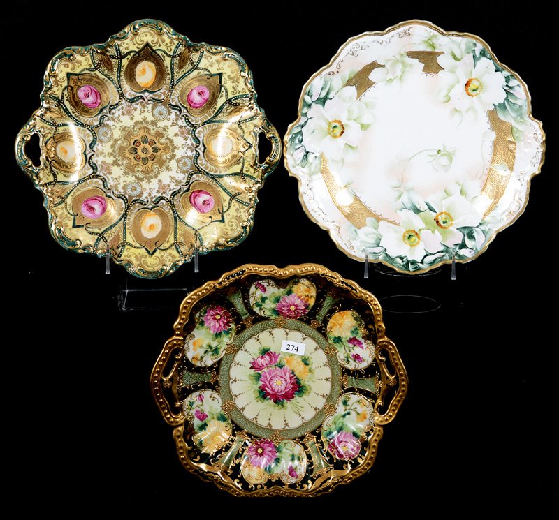 (3) NIPPON PLATES: (3) NIPPON PLATES (1) 11", TWO-HANDLED, YELLOW WITH DARK GREEN BORDER, FLORAL DECOR - (1) 11" TWO-HANDLED, YELLOW WITH GREEN BORDER, ROSE DECOR - (1) 11" WHITE WITH WHITE BLOSSOM AND GOLD BAND DECOR