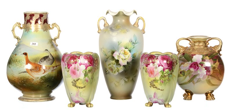 (5) NIPPON STYLE VASES: (5) NIPPON STYLE VASES INCLUDING - (1) 11.75" TWO HANDLED WITH PHEASANT DECOR, DARK RED BORDER (PROFESSIONAL BASE REPAIR) - (1) 8.5" TWO HANDLED FOOTED WITH ORCHID DECOR (HOLE DRILLED IN BASE) - PAIR 