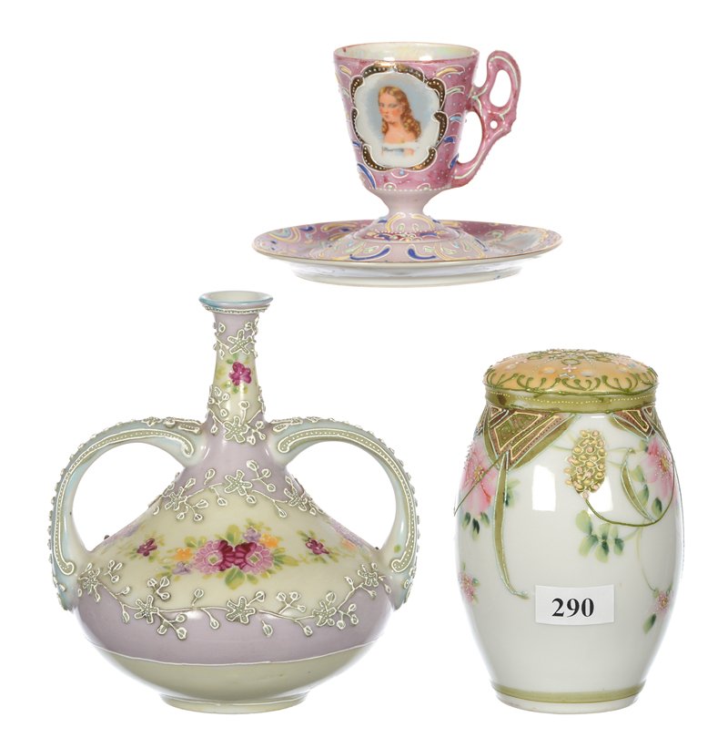 (3) NIPPON AND NIPPON STYLE ITEMS: (3) NIPPON AND NIPPON STYLE ITEMS - (1) 5.25" UNMARKED TWO HANDLED VASE, PINK AND CREAM TONES WITH FLORAL DECOR, MORIAGA OVERLAY - (1) 4.5" UNMARKED SUGAR SHAKER, WHITE WITH GREEN BORDER, PINK FLORAL 
