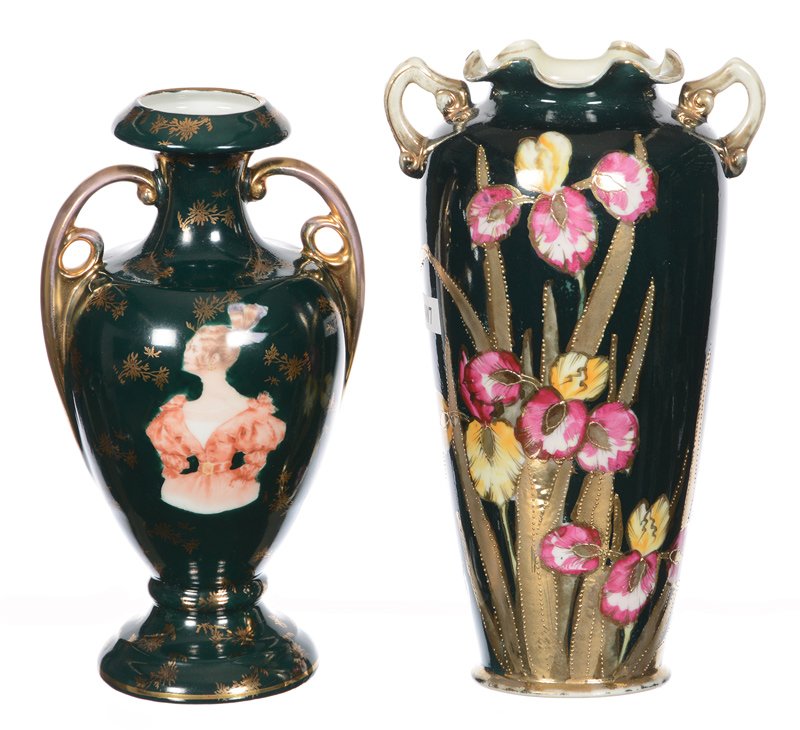 (2) DARK GREEN TWO HANDLED VASES: (2) DARK GREEN TWO HANDLED VASES - (1) 9" UNMARKED NIPPON, IRIS DECOR WITH HEAVY GOLD HIGHLIGHTS - (1) 8.25" MARKED CARLSBAD AUSTRIA, PORTRAIT WITH GOLD STENCIL HIGHLIGHTS