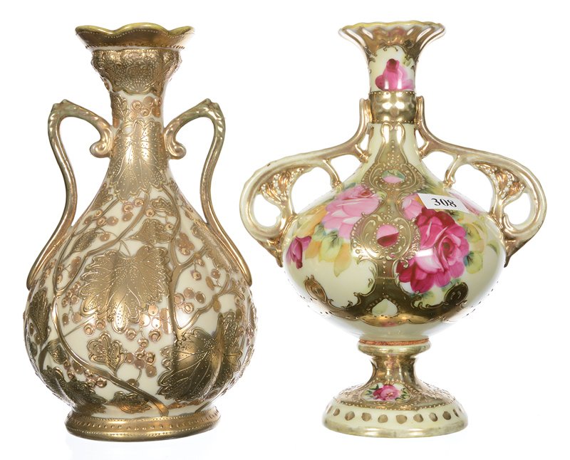(2) 8.5" TWO HANDLED NIPPON STYLE VASES: (2) 8.5" TWO HANDLED NIPPON STYLE VASES - (1) UNMARKED, YELLOW WITH ROSE DECOR - (1) MARKED JAPAN, CREAM WITH HEAVY GOLD LEAF DECOR