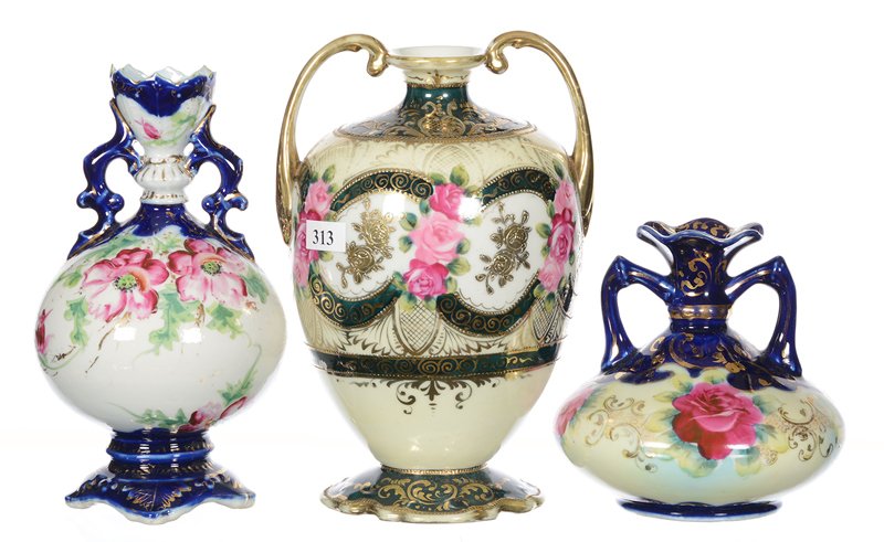 (3) UNMARKED NIPPON TWO HANDLED VASES: (3) UNMARKED NIPPON TWO HANDLED VASES - (1) 8.5" YELLOW AND DARK GREEN WITH PINK ROSE AND GOLD TRIM - (1) 8" WHITE AND COBALT WITH PINK FLORAL DECOR - (1) 5" COBALT WITH PINK ROSE DECOR
