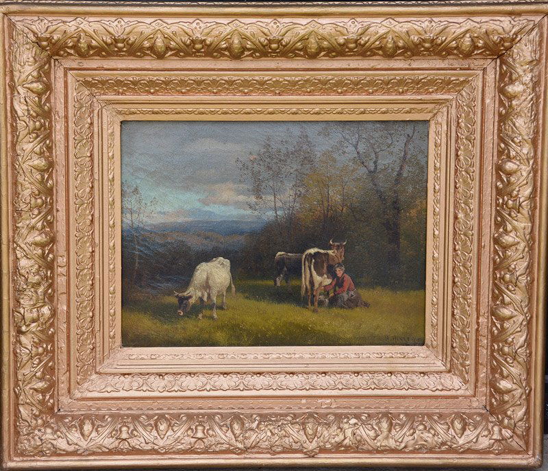 ORIGINAL OIL PAINTING BY HERMANN OTTOMAR HERZOG: ORIGINAL 10.5" X 14" OIL PAINTING BY HERMANN OTTOMAR HERZOG - FINELY DETAILED SCENE OF WOMAN IN FIELD MILKING COW WHILE OTHER CATTLE GRAZE - MOUNTED IN 20.5" X 24" GILT WOODEN FRAME - ARTIST SIGNED H.