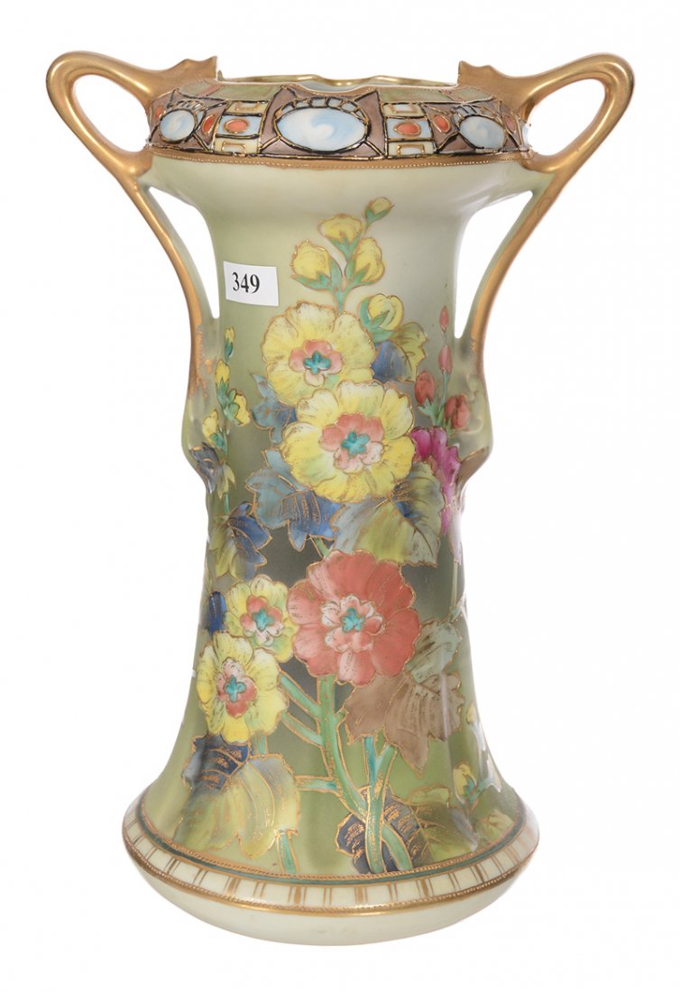 11.5" MARKED NIPPON TWO HANDLED CORSET SHAPED VASE: 11.5" MARKED NIPPON TWO HANDLED CORSET SHAPED VASE - GREEN TONES WITH PINK AND YELLOW FLORAL DECOR - NICE GOLD TRIM