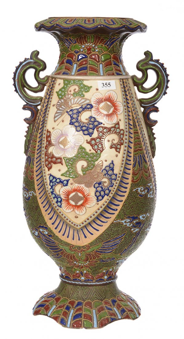 17" UNMARKED NIPPON STYLE TWO HANDLED PEDESTAL VASE: 17" UNMARKED NIPPON STYLE TWO HANDLED PEDESTAL VASE - CREAM BACKGROUND WITH EXTENSIVE COLORFUL ENAMEL HIGHLIGHTS