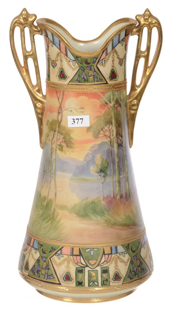 13.25" MARKED NIPPON TWO HANDLED VASE: 13.25" MARKED NIPPON TWO HANDLED VASE - SUNSET SCENIC LAKE DECOR WITH COLORFUL BORDER - GOLD HIGHLIGHTS