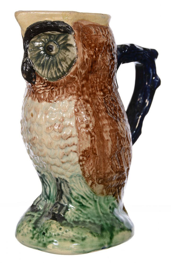 8.25" UNMARKED MAJOLICA FIGURAL OWL PITCHER (1 of 3)