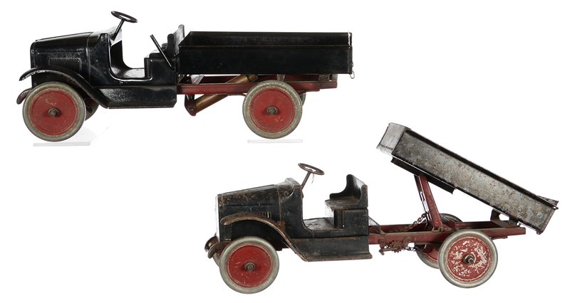 (2) 9" X 24" VINTAGE PRESSED STEEL TOY DUMP TRUCKS (1 of 4)