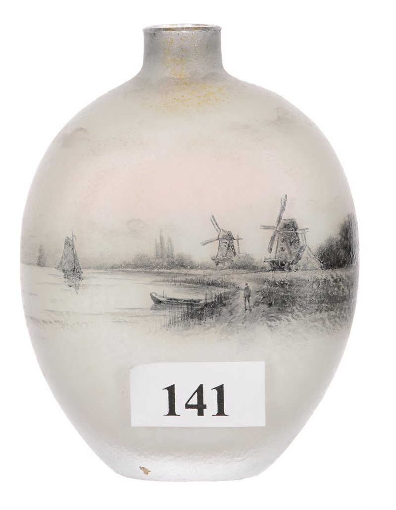 3.25" SIGNED DAUM NANCY FRENCH CAMEO FLASK SHAPE: WHITE WITH DUTCH HARBOR SCENIC DECOR - NO STOPPER
