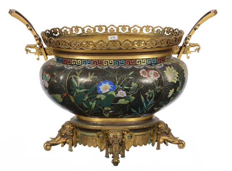 15" X 21.5" X 10.5" WONDERFUL CLOISONNE OVAL: BLACK WITH COLORFUL FLORAL DECOR - RETICULATED BRONZE RIM WITH HANDLES AND FIGURAL BRONZE ELEPHANT HEAD FEET - FRENCH FOUNDRY ARTIST MARKED F. BARBEDIENNE - CIRCA 1870's - EXTRA FINE!