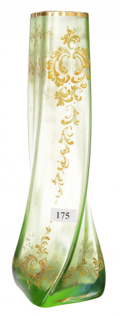 10.75" GREEN ART GLASS SQUARE TWIST VASE: ENAMEL SCROLL DESIGN