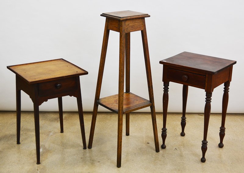 (3) WOODEN STANDS INCLUDING: (1) 29" X 15" SQUARE END TABLE WITH DRAWER - (1) 26" X 17" END TABLE WITH DRAWER - (1) 43" FERN STAND - SEE PHOTOS FOR DETAILS