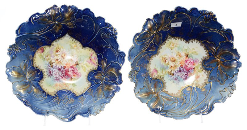 PAIR 10" UNMARKED R.S.PRUSSIA IRIS MOLD VARIATION BOWLS (1 of 3)