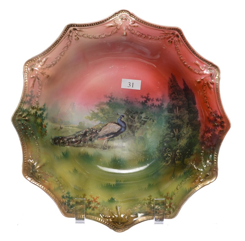10.75" SWAG AND TASSEL MOLD BOWL: 10.75" SWAG AND TASSEL MOLD BOWL PEACOCK SCENIC DECOR UNUSUAL ROSE "SUNSET" COLORING
