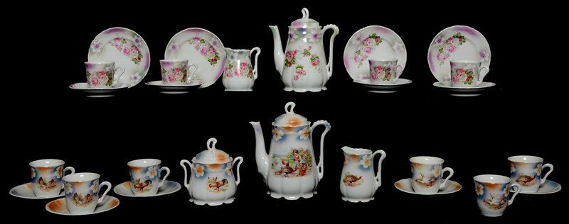 (2) GERMAN CHILD TEA SETS: (2) GERMAN CHILD TEA SETS (1) 13 PIECE WHITE & LAVENDER LUSTER FINISH W/ FARM YARD TURKEY DECOR TEA POT, CREAMER, SUGAR, (5) CUPS, (5) SAUCERS; ALSO INCLUDES (1) 14 PIECE WHITE, GREEN & PINK LUSTER FI