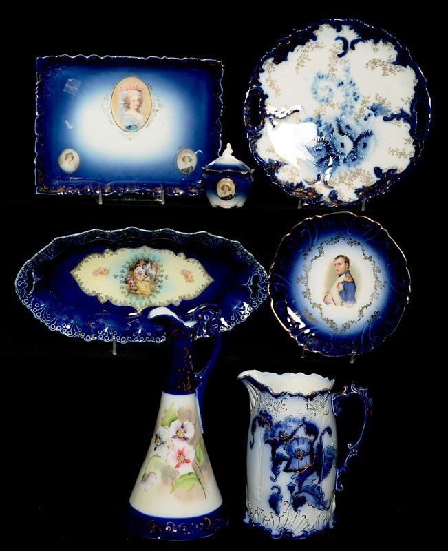 (7) COBALT BLUE & FLOW BLUE PRUSSIA STYLE ITEMS (1 of 3)