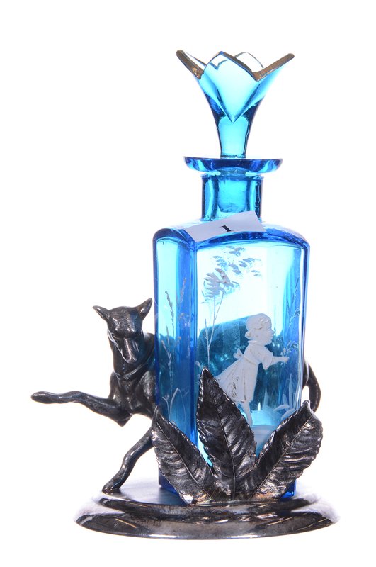6.5" VICTORIAN PERFUME BOTTLE ON FIGURAL SILVERPLATE: 6.5" VICTORIAN PERFUME BOTTLE ON FIGURAL SILVERPLATE STAND BLUE SQUARE ART GLASS BOTTLE WITH MARY GREGORY SCENIC DECOR - SET ON AURORA #1255 STAND FEATURING GREYHOUND DOG - VERY NICE